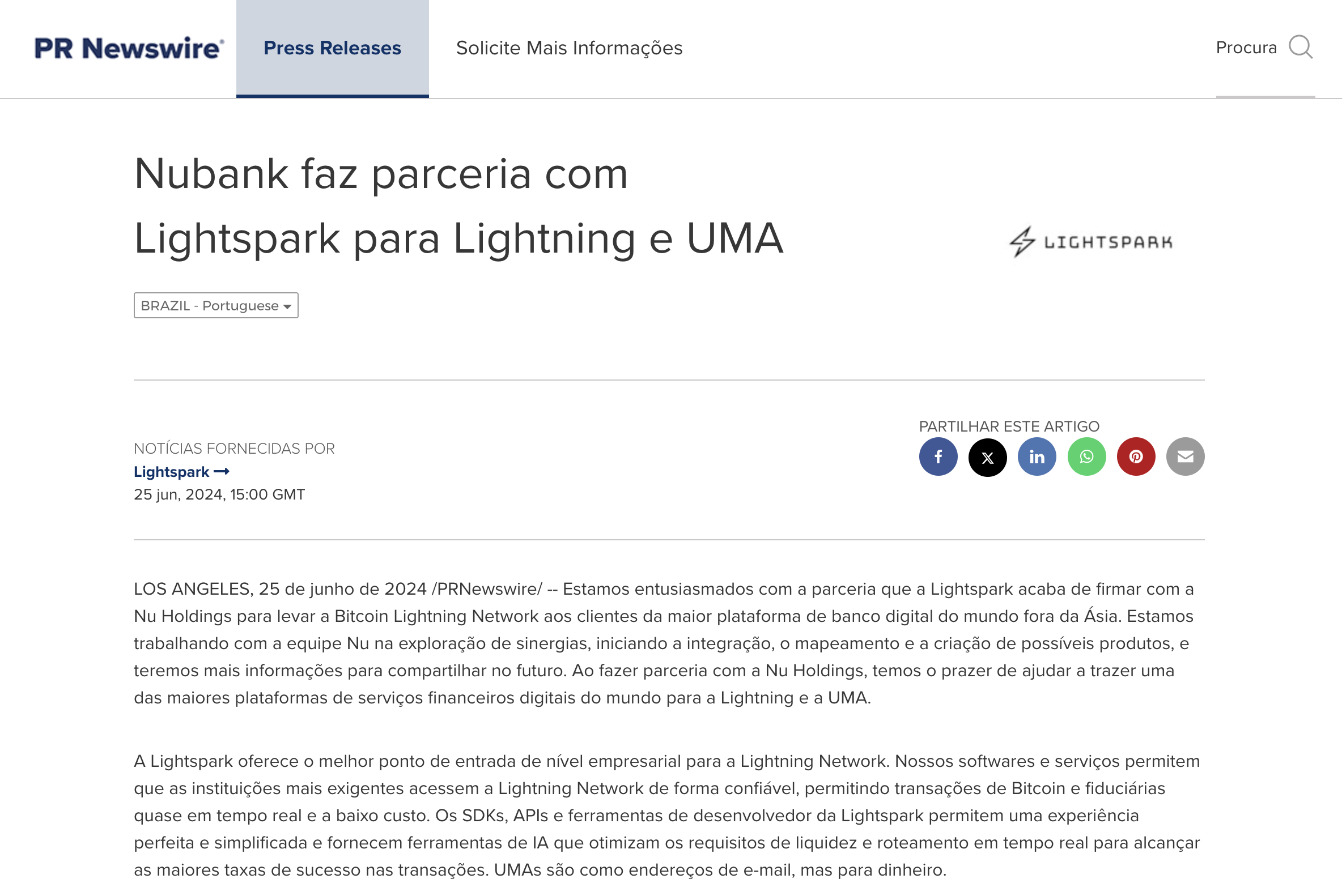 Notícia em que a Nubank vai integrar a Lightning Network