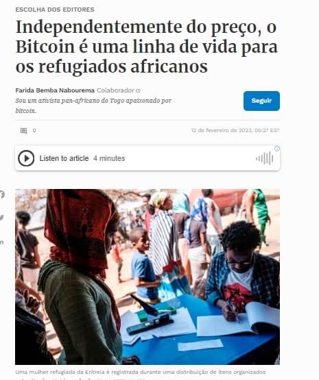 Notícia sobre como o Bitcoin é uma linha de vida para refugiados Africanos