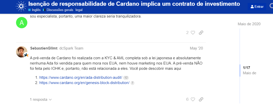 Isenção de responsabilidade de Cardano implica um contrato de investimento