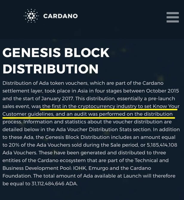 Distribuição de Cardano, a partir do uso de KYC