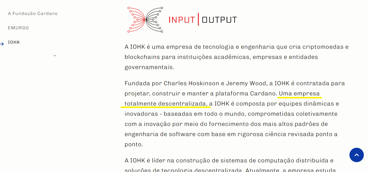 Imagem que mostra que no site da Cardano, a IOHK é citada como uma empresa descentralizada