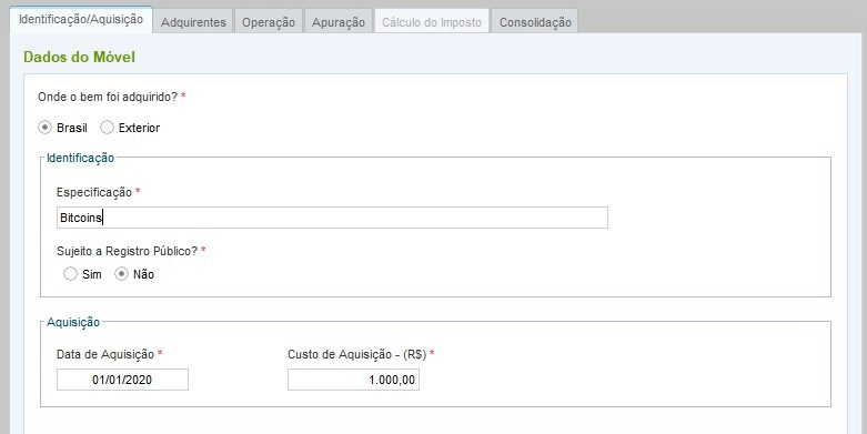 Preencha os dados do móvel (Bitcoin), na aba "Identificação/Aquisição"