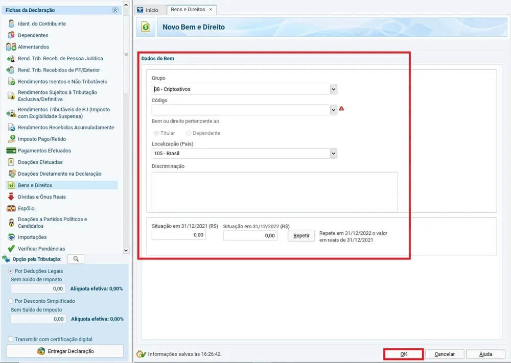 Secção "Novo Bem e Direito", durante a declaração de Bitcoin no IR