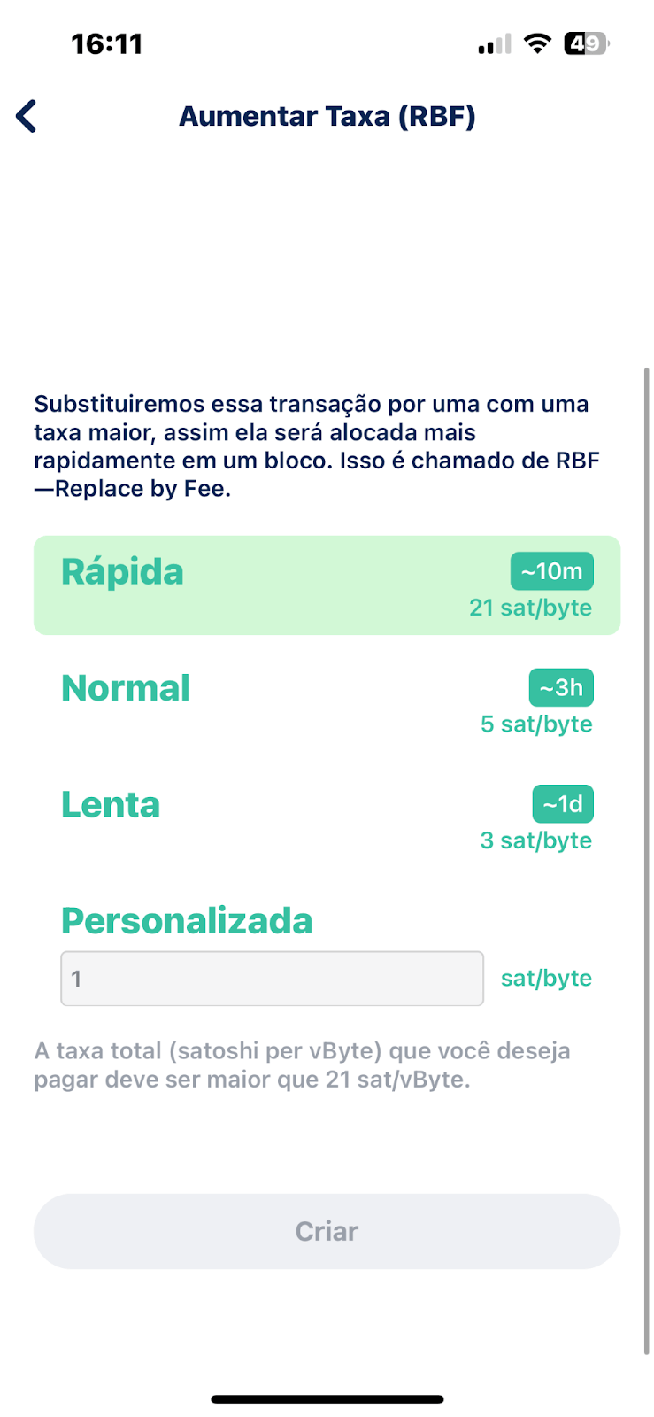 Opções de aumentar taxa (RBF), na blue Wallet