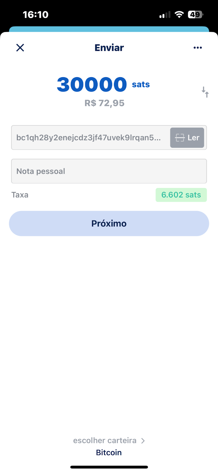 Efetuando a transação pela Blue Wallet