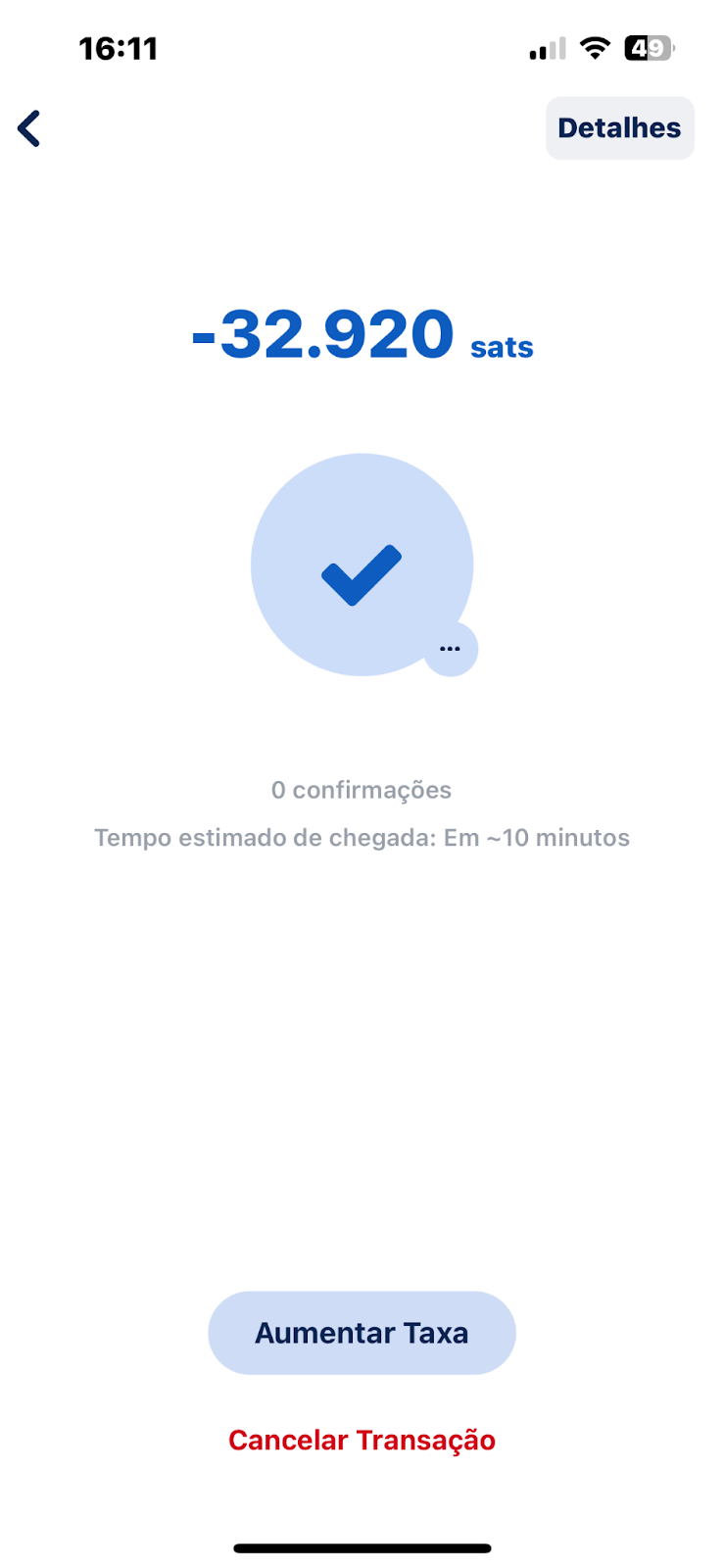 RBF na Blue Wallet, opções de aumentar taxa e cancelar transação.