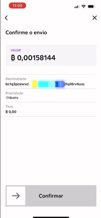 tela de confirmação para envio de BTC para Cold Wallet