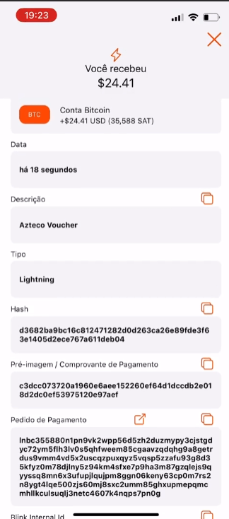 Detalhes da transação na Blink Wallet