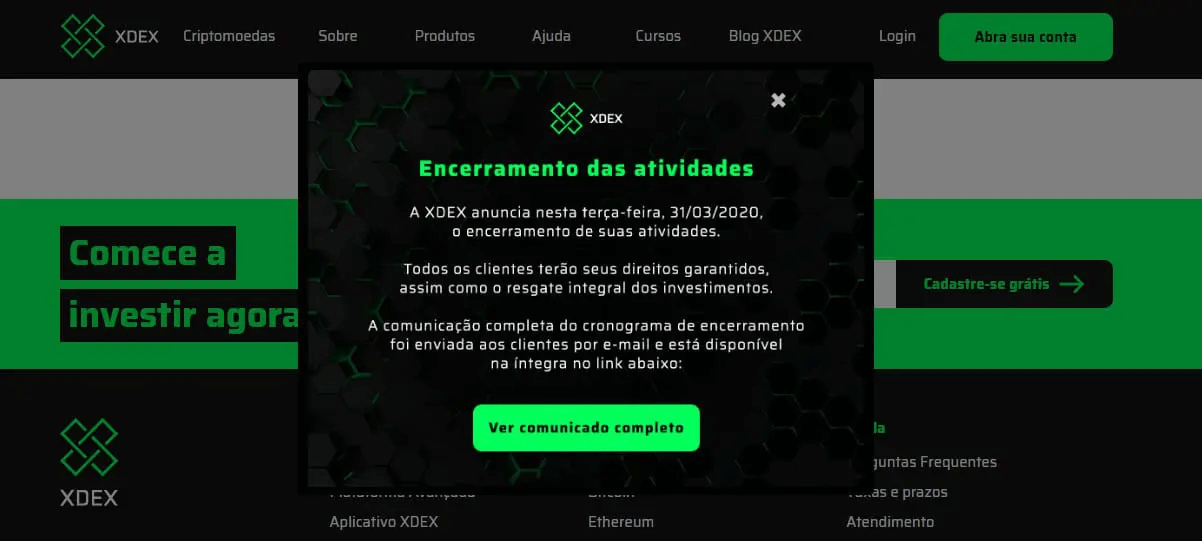 Comunicação sobre o encerramento das atividades da Xdex