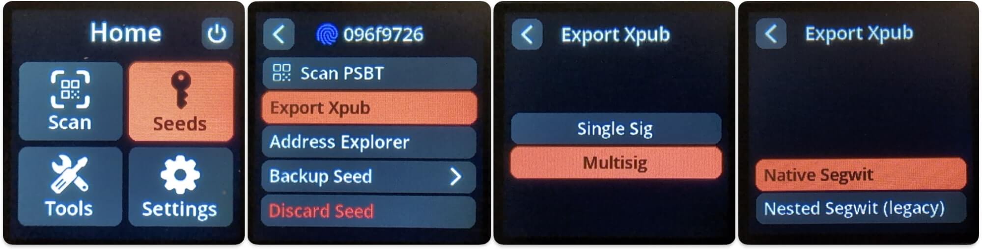 Opções na SeedSigner para exportar xPub