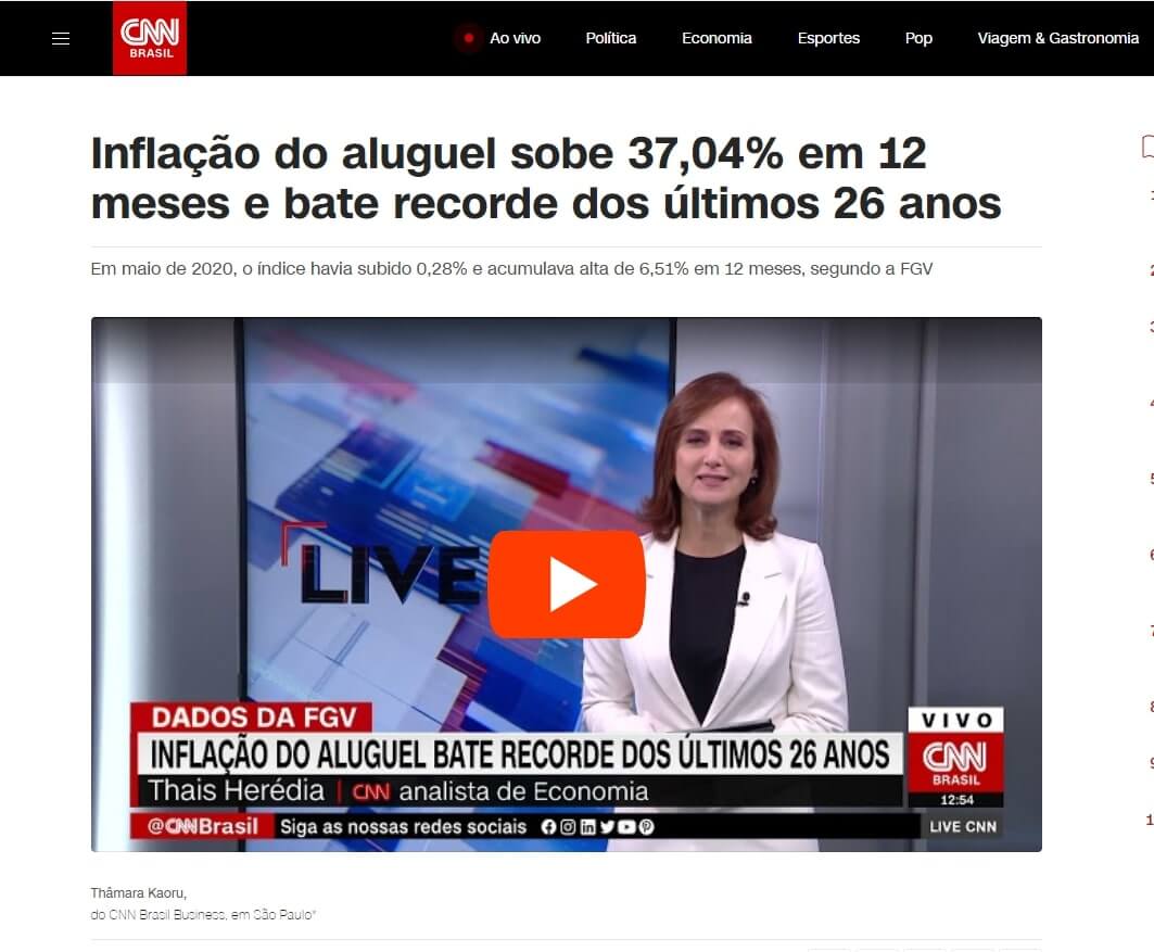 Notícia da CNN na qual a inflação do aluguel subiu 37,04% em 2020.