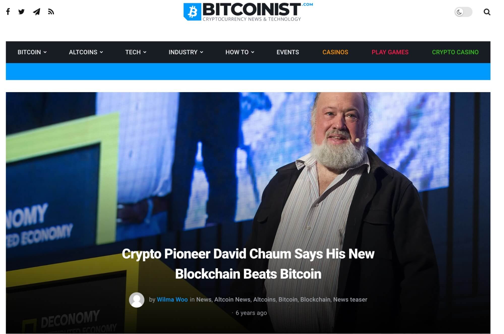 Notícia em que David Chaum tenta descredibilizar Bitcoin, ao dizer que sua Blockchain baterá o Bitcoin