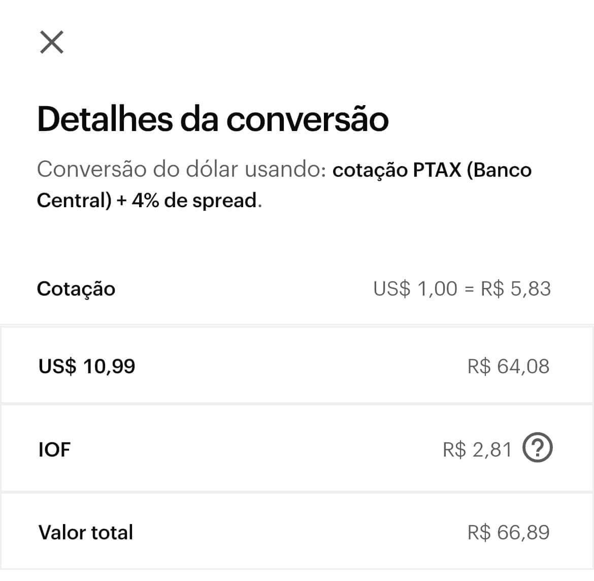 Detalhes da conversão no cartão de débito