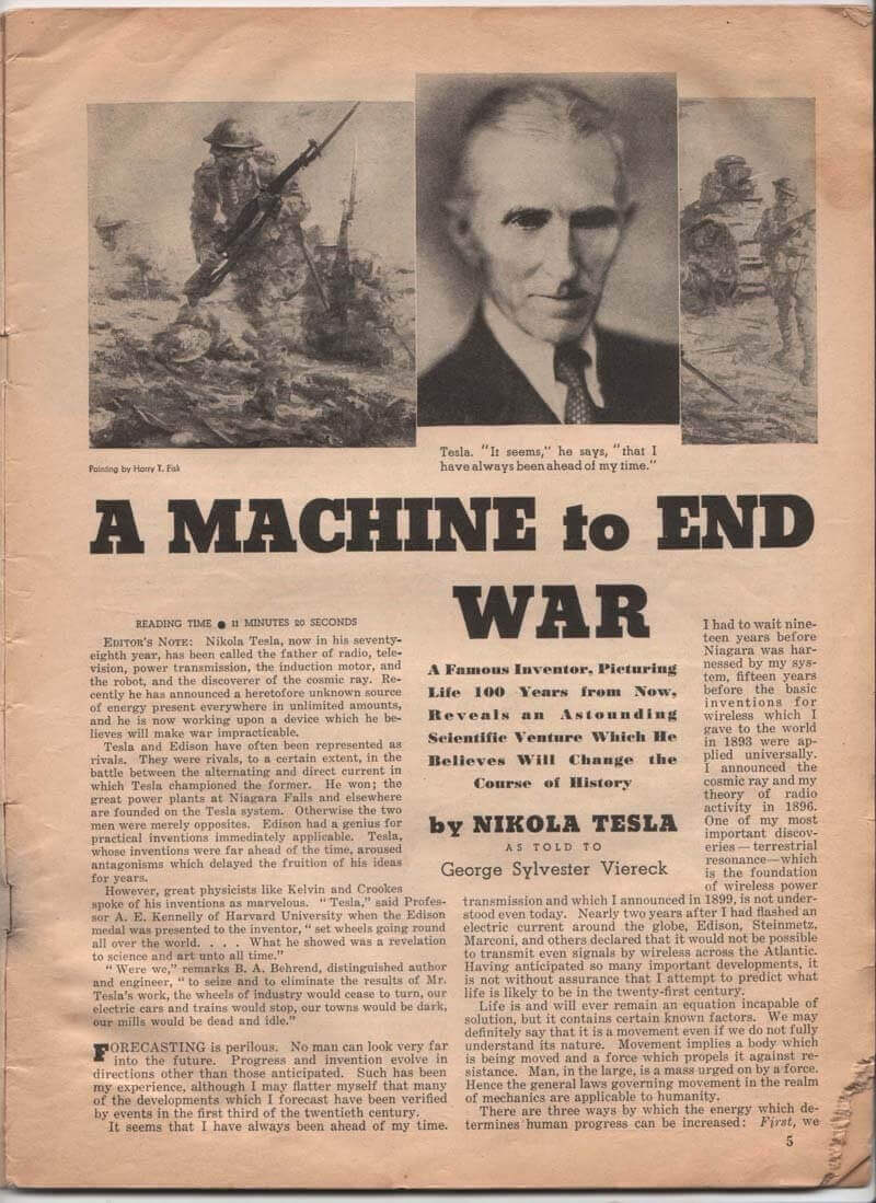 Parte de um jornal da época sobre como acabar com as guerras por Nikola Tesla