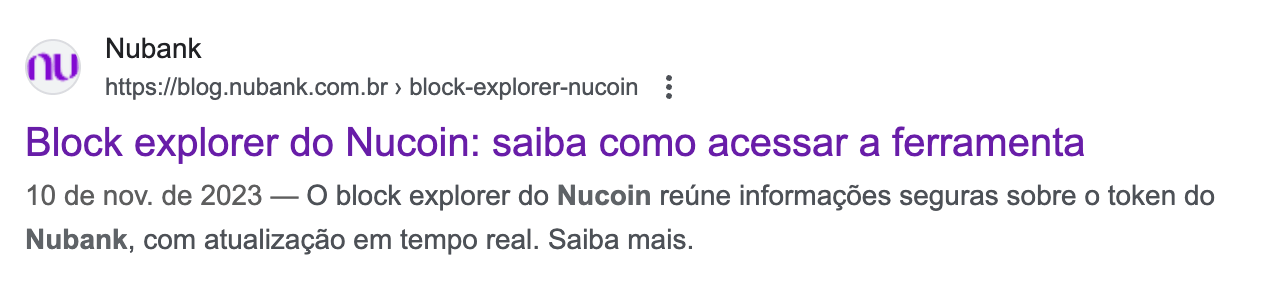 Página do Block Exporer do Nucoin indexado no Google