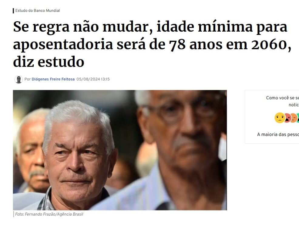 Notícia que mostra que a idade mínima pode ser 78 anos em 2060.