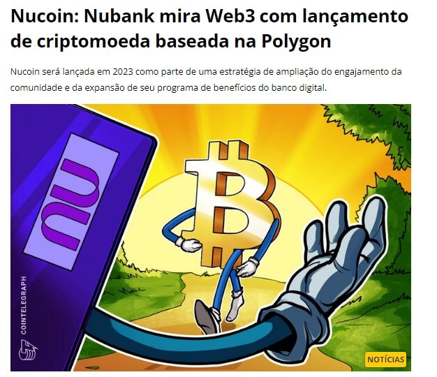 Notícia do lançamento da Nucoin por parte da Nubank