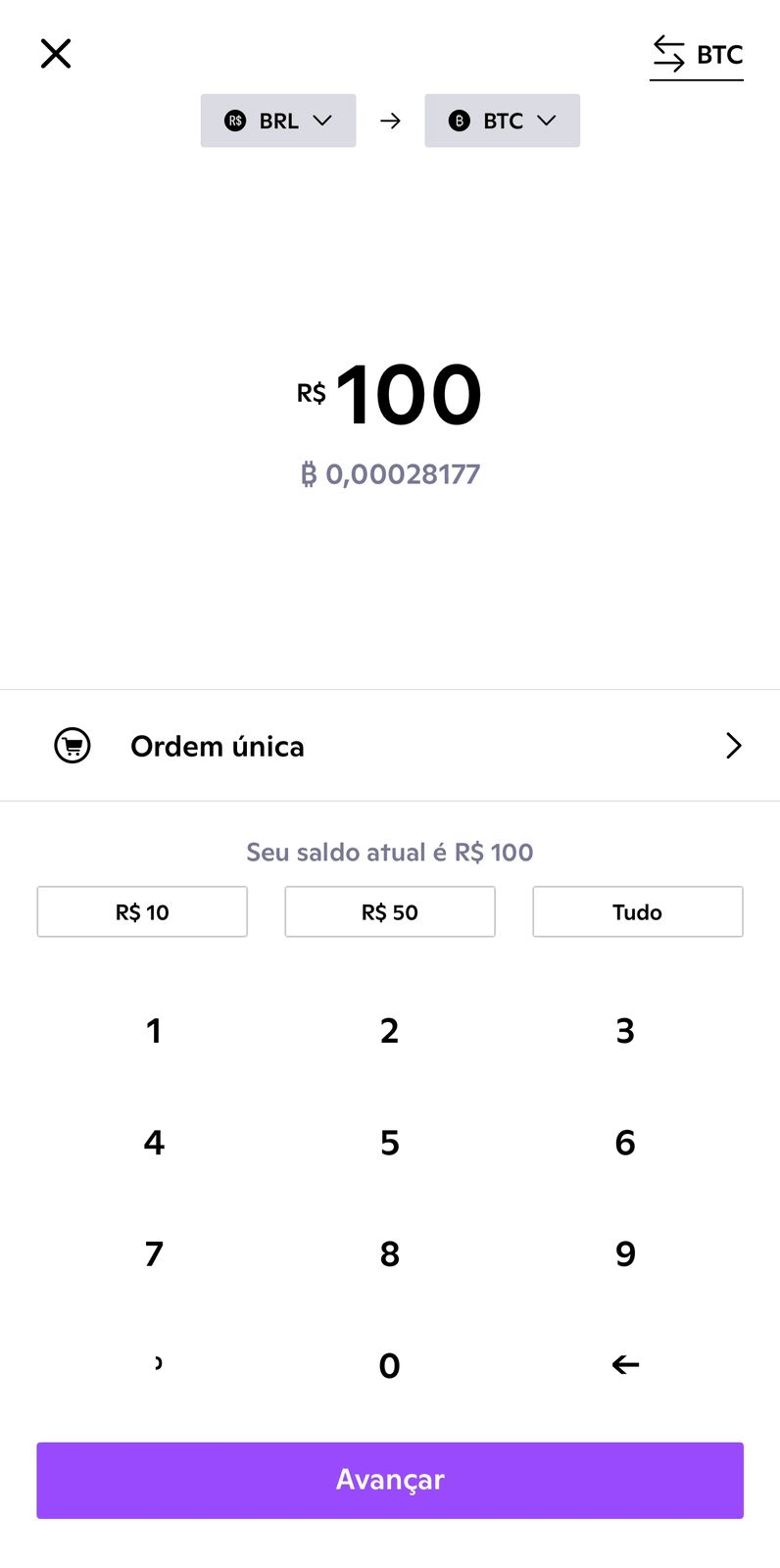 Compra de 100 reais em BTC