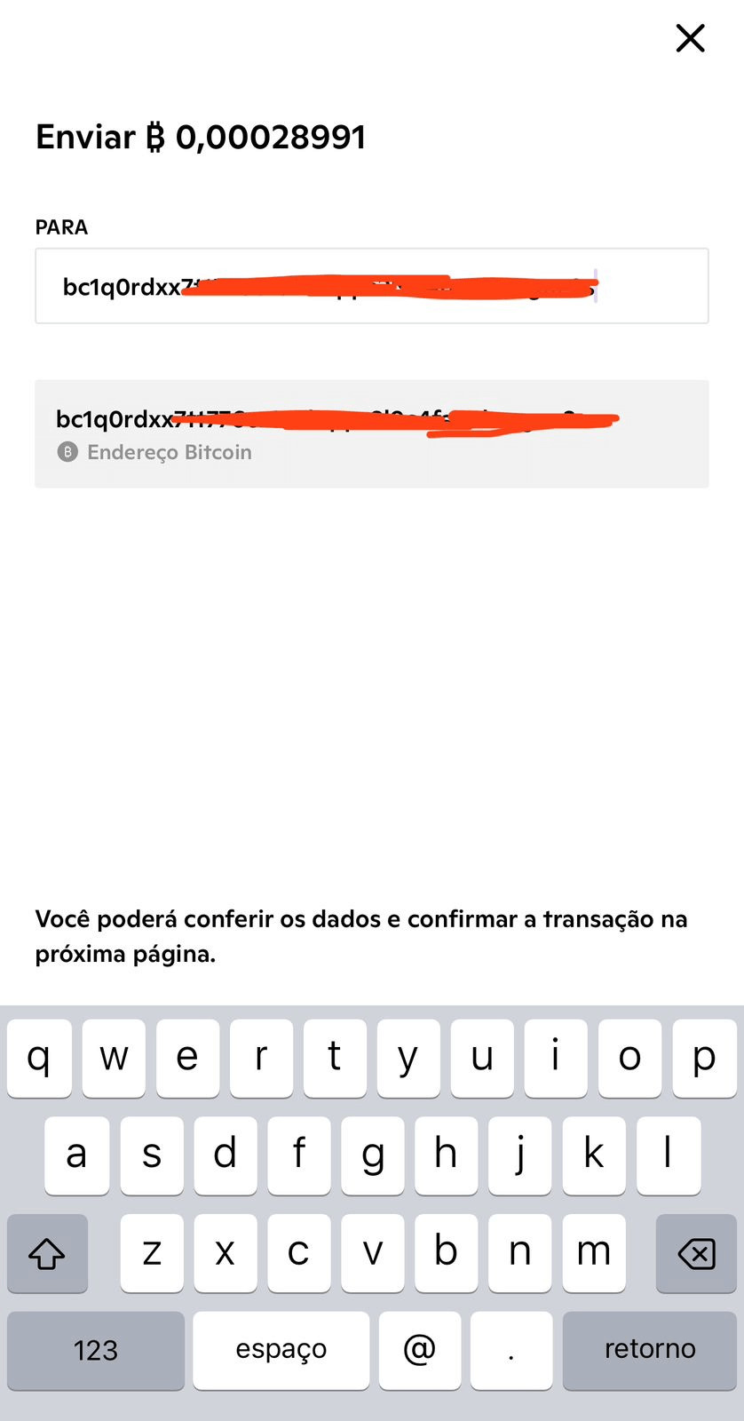 Endereço de Bitcoin para onde os BTC serão enviados