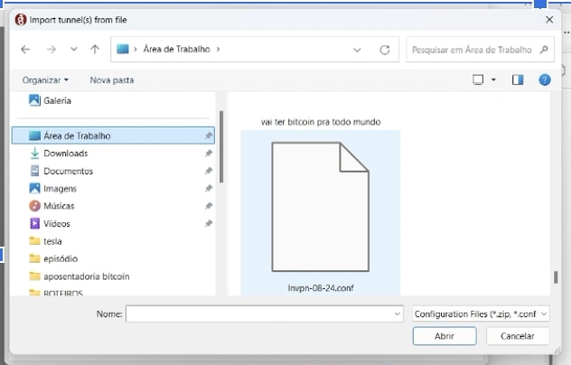 Selecionando o arquivo WireGuard