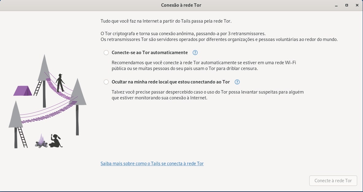 Mensagem Tails para conexão à rede Tor