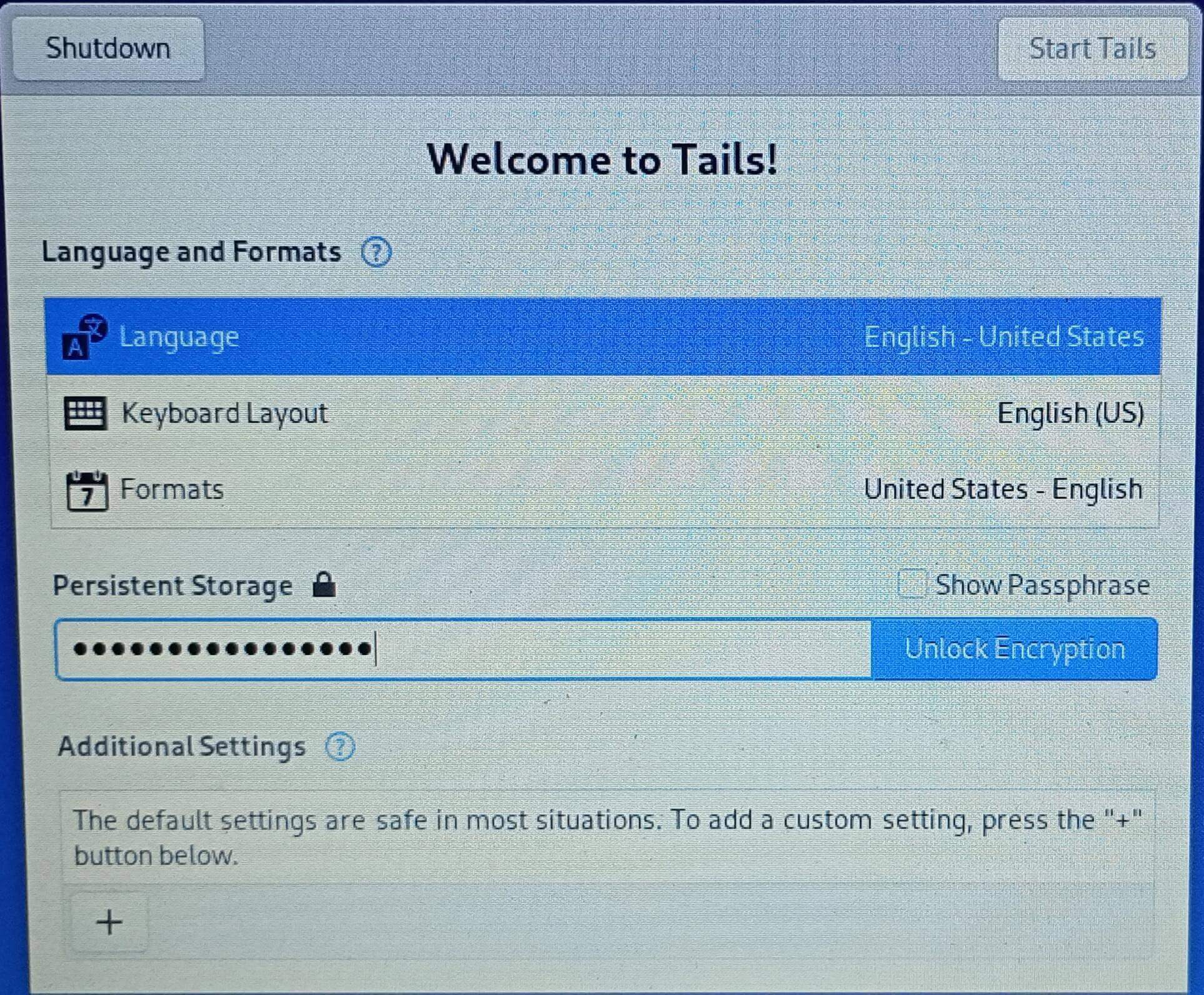 Inserção da senha do Persistent Storage no Tails