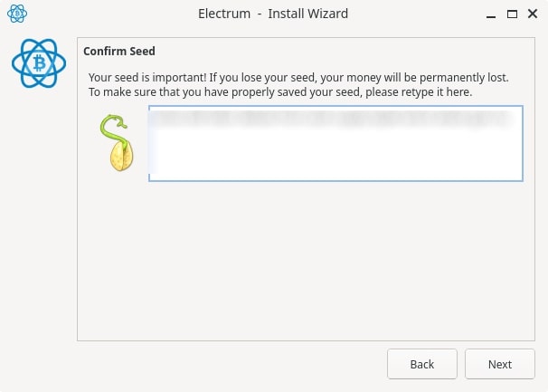 Tela para confirmação das seeds na Electrum