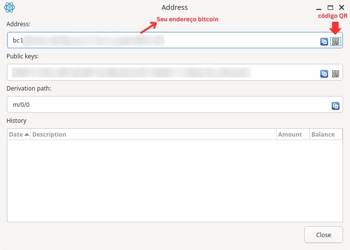 Detalhes do endereço do Bitcoin, e seu código QR