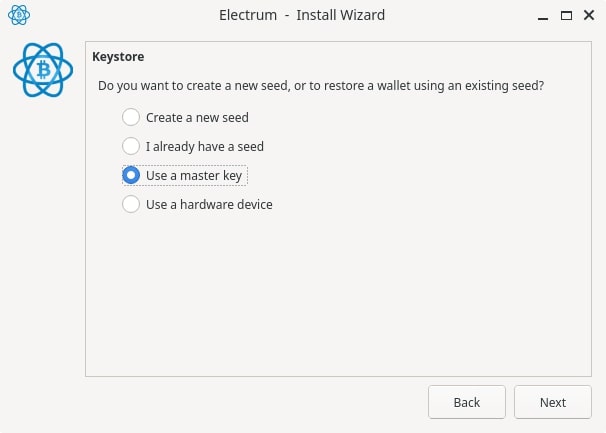 Opção para utilizar a Master Key na Electrum