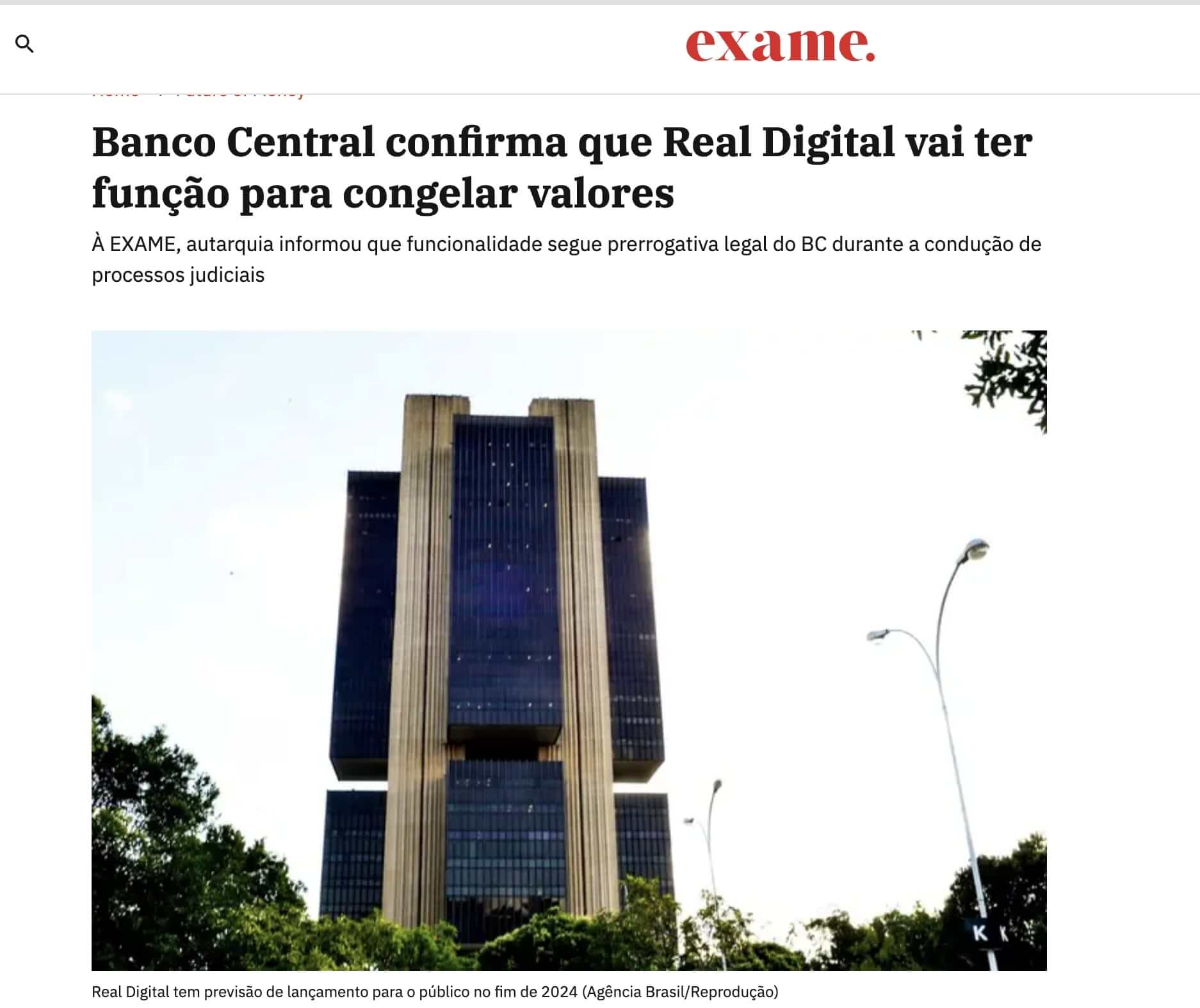 Notícia que o Banco Central confirma que o DREX vai ter função para bloqueio de valores e fundos