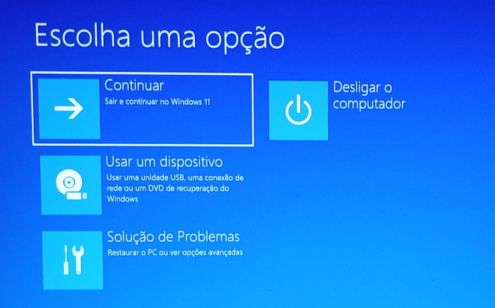 Opções do Windows - Continuar, usar um dispositivo, desligar