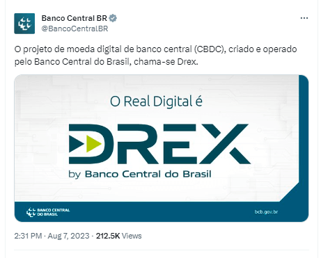 Tuíte do Banco Central do Brasil sobre o DREX