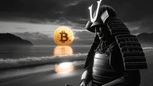 Imagem de um Samurai com o logo do Bitcoin atrás