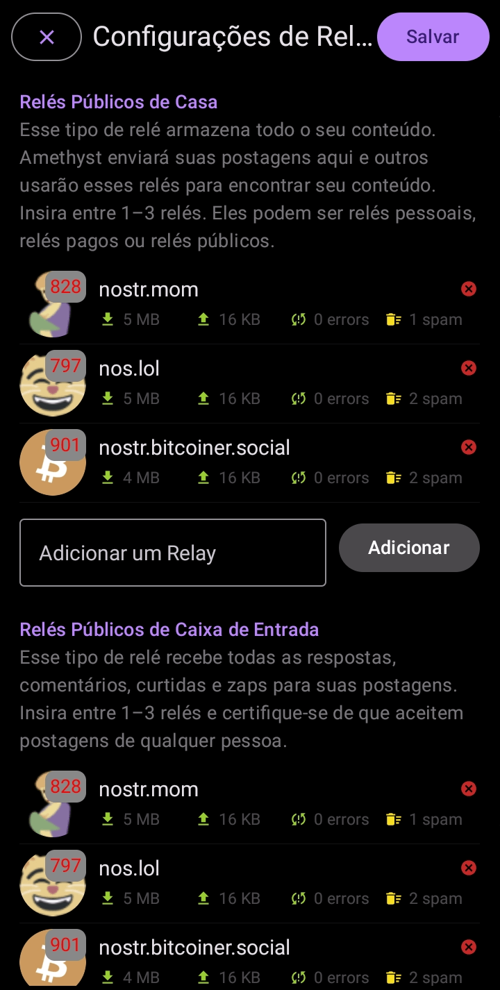 Configurações de relays