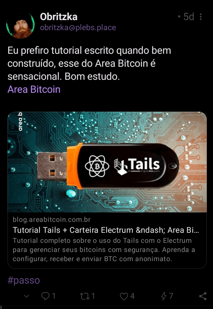 Exemplo de uma nota enviada na rede Nostr e exibida no Amethyst