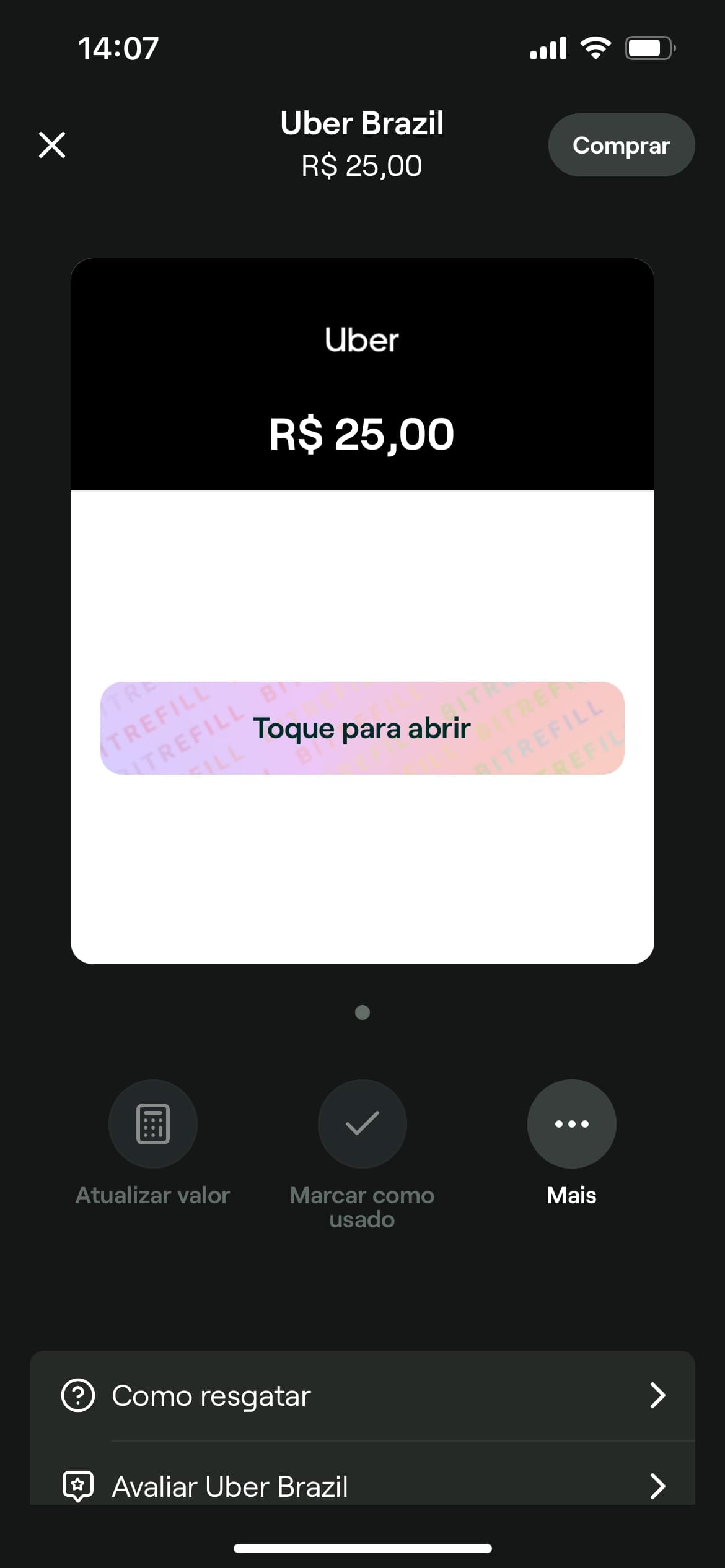 Gift Card gerado na Bitrefill no valor de R$ 25