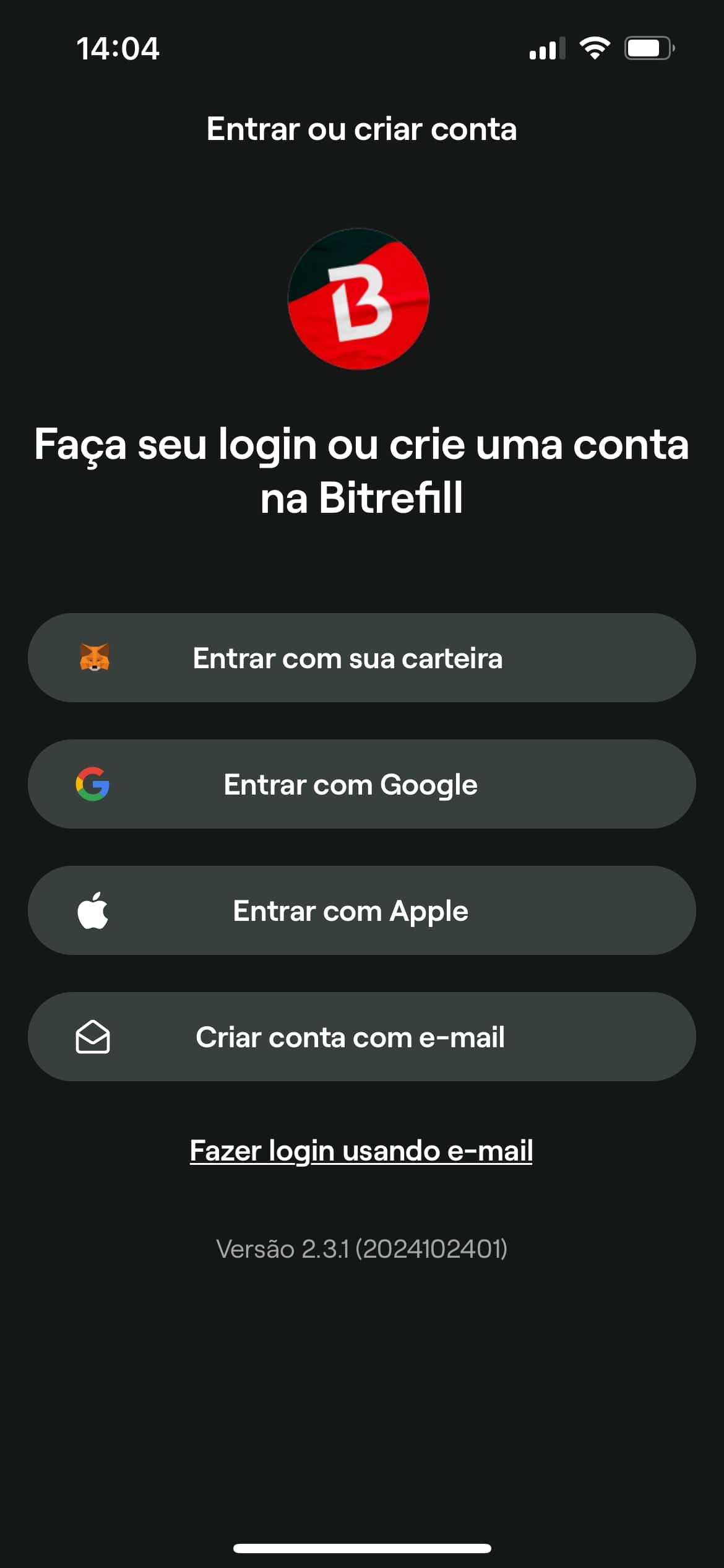 Página para etrar ou criar conta na Bitrefill