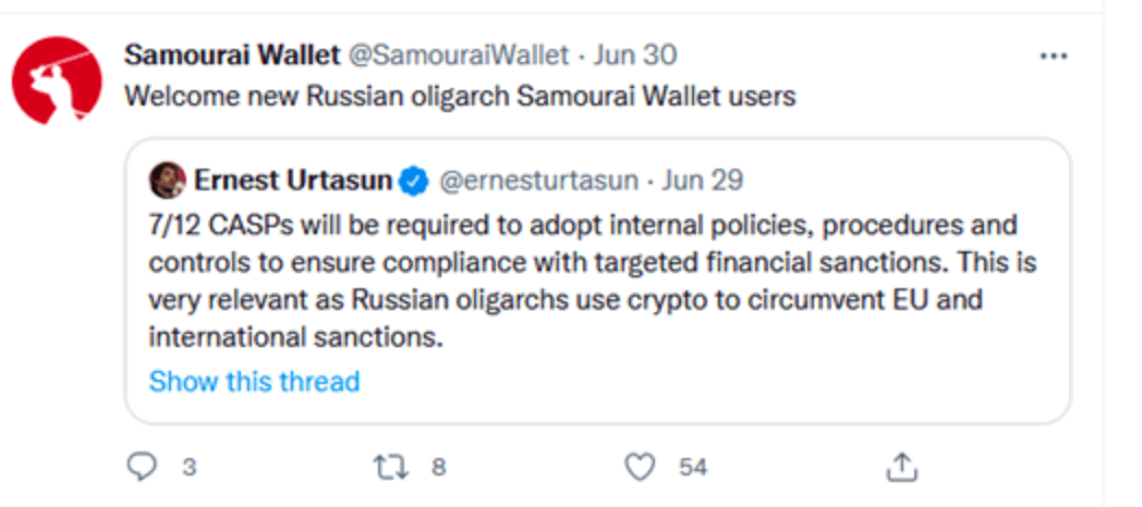 Mensagem no X da Samourai Wallet dizendo "Bem Vindo Oligarcas Russos"