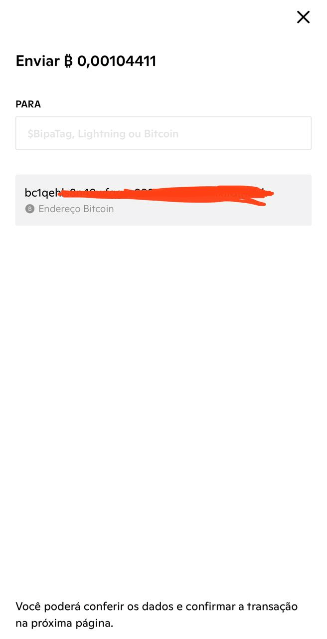 Tela para inserir endereço de envio de Bitcoin na Bipa