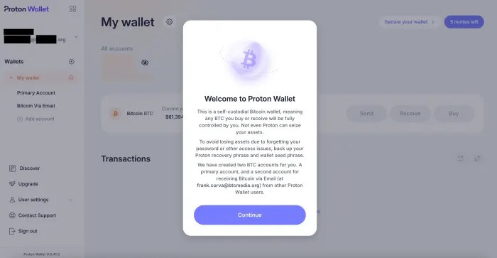 Mensagem de boas vindas Proton Wallet