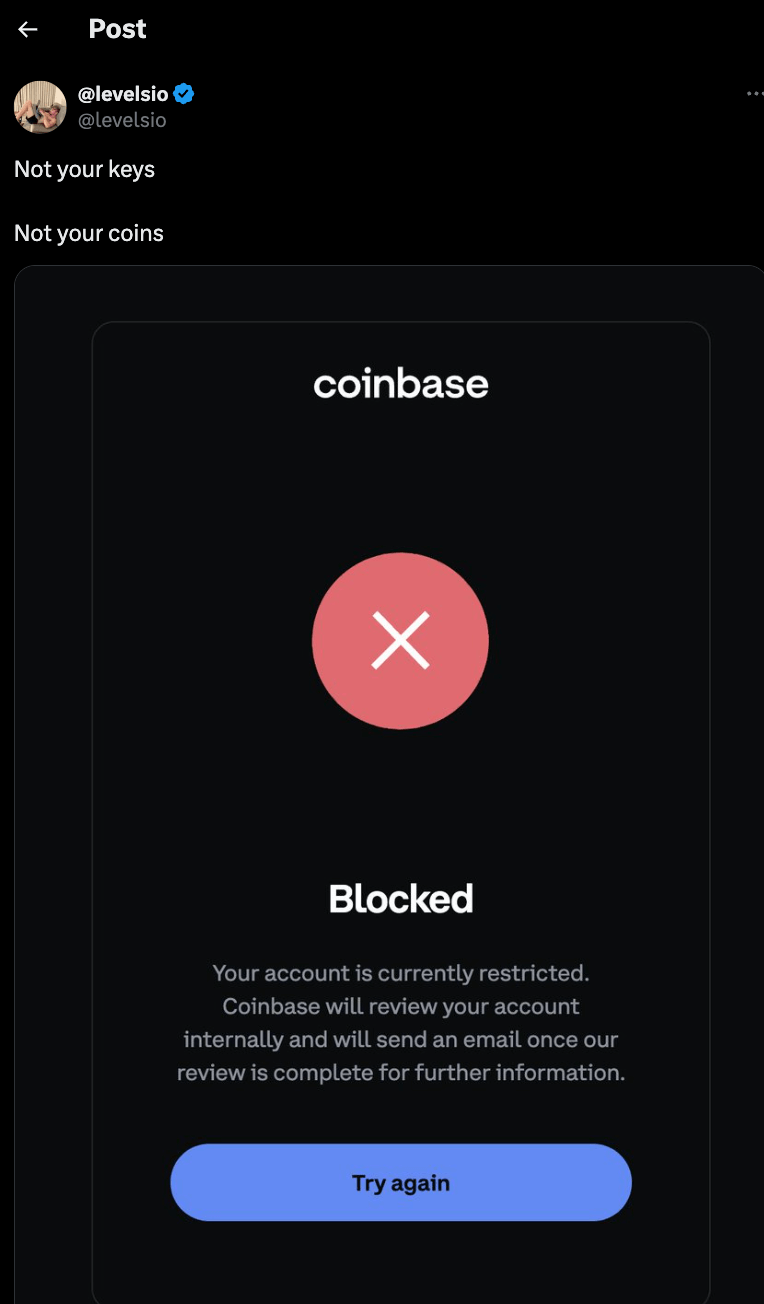 Usuário bloqueado na Coinbase