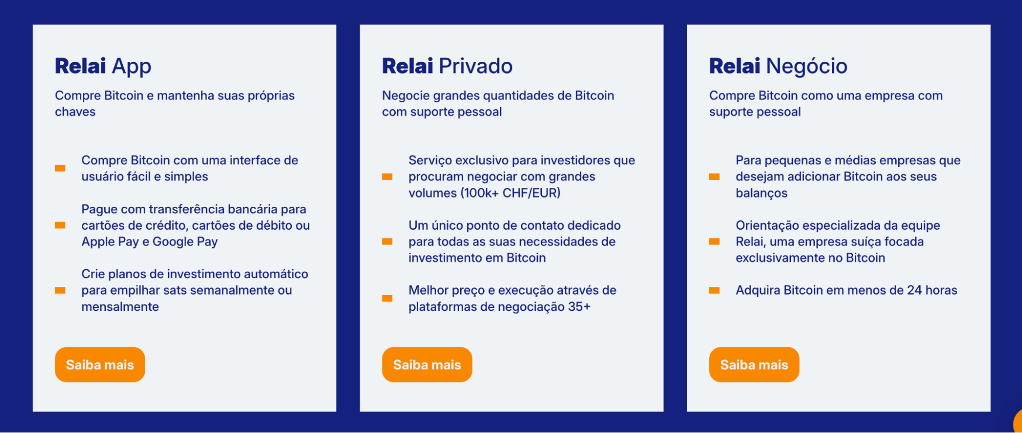 Imagem sobre as categorias de serviços da Relai (App, Private e Business)