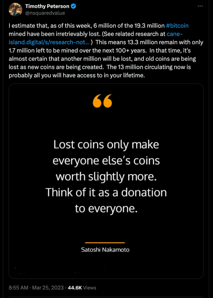 Tuíte de Timothy Peterson sobre a estimative de bitcoin perdidos