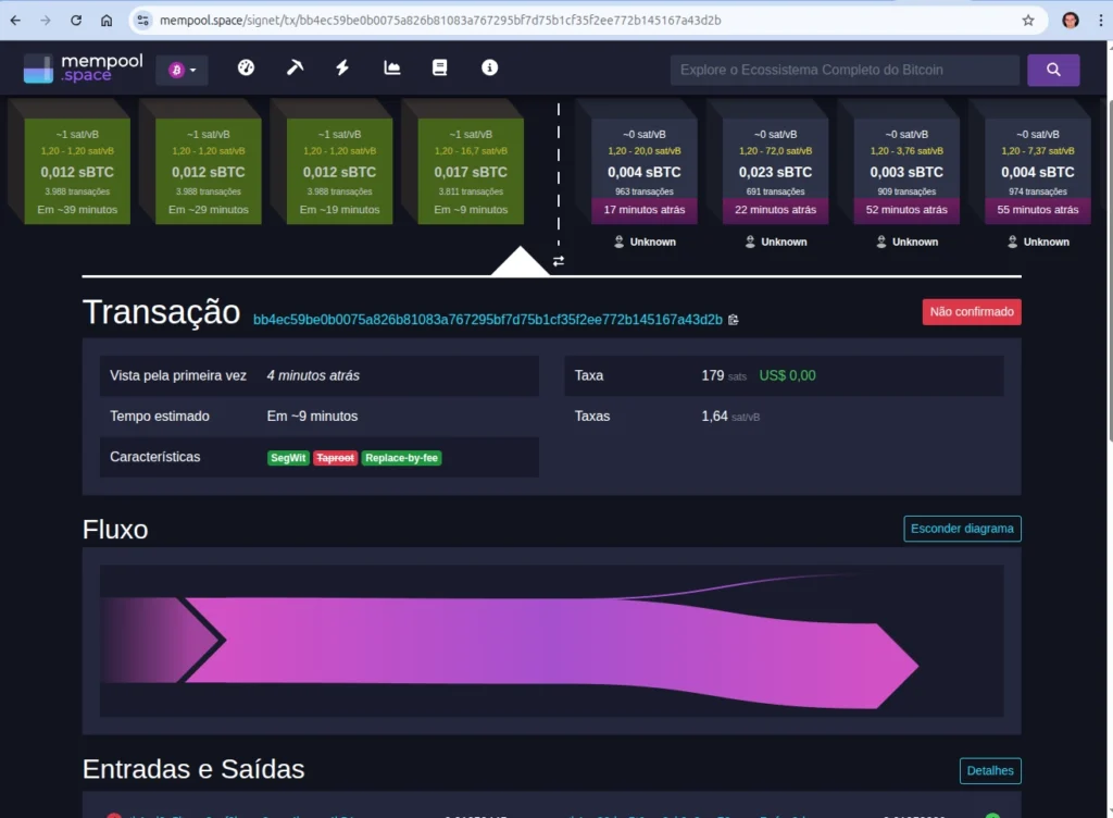 Transação Bitcoin na mempool do Bitcoin Core com taxa de 179 sats após envio via sendrawtransaction