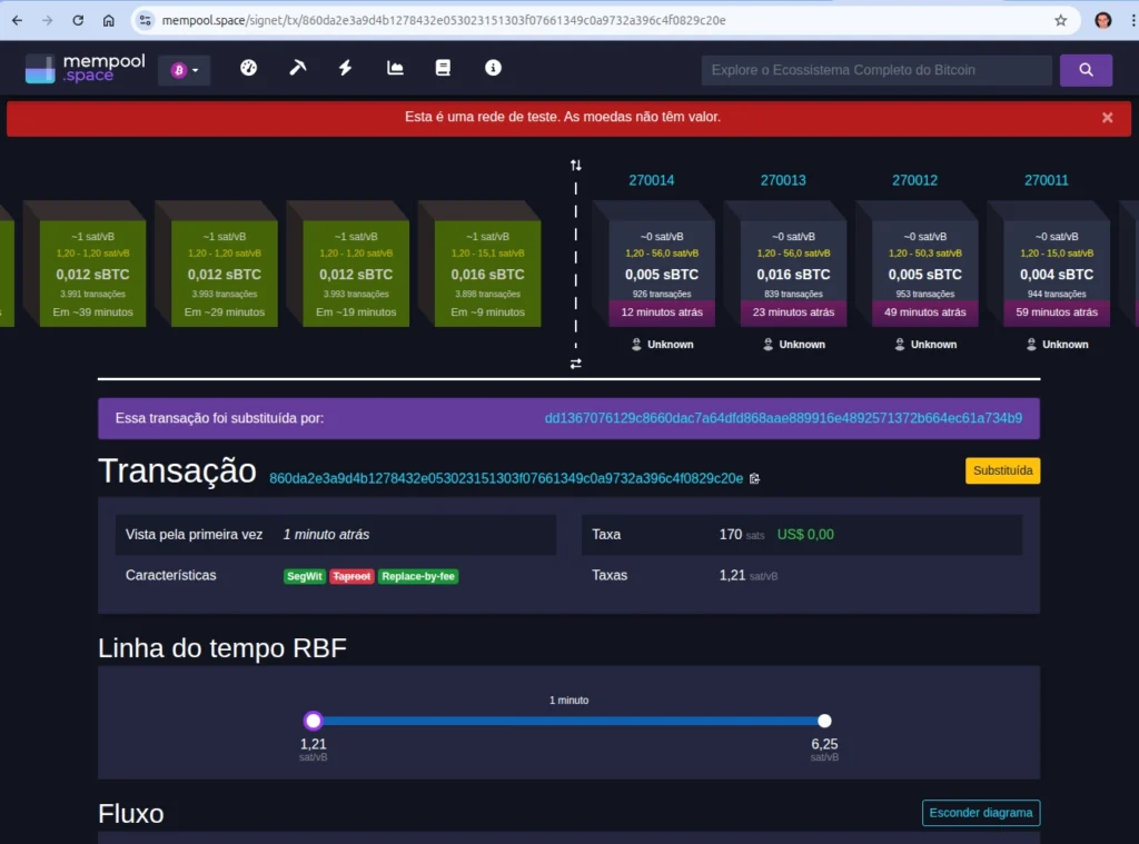 Comando bumpfee no bitcoin-cli aumentando a taxa de uma transação RBF no Bitcoin Core