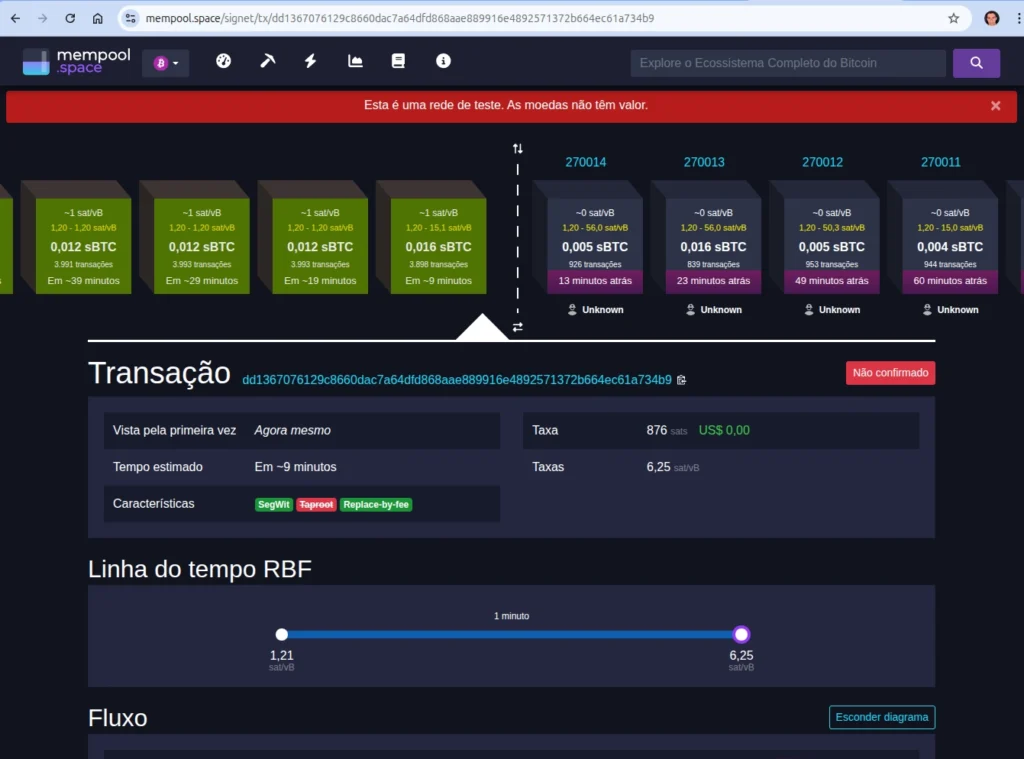 Nova transação substituída via RBF entrando na mempool do Bitcoin Core com feerate maior