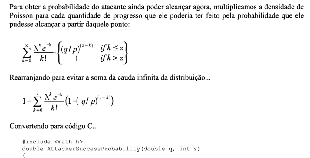 seção de cálculos do whitepaper com probabilidade de ataque ao Bitcoin