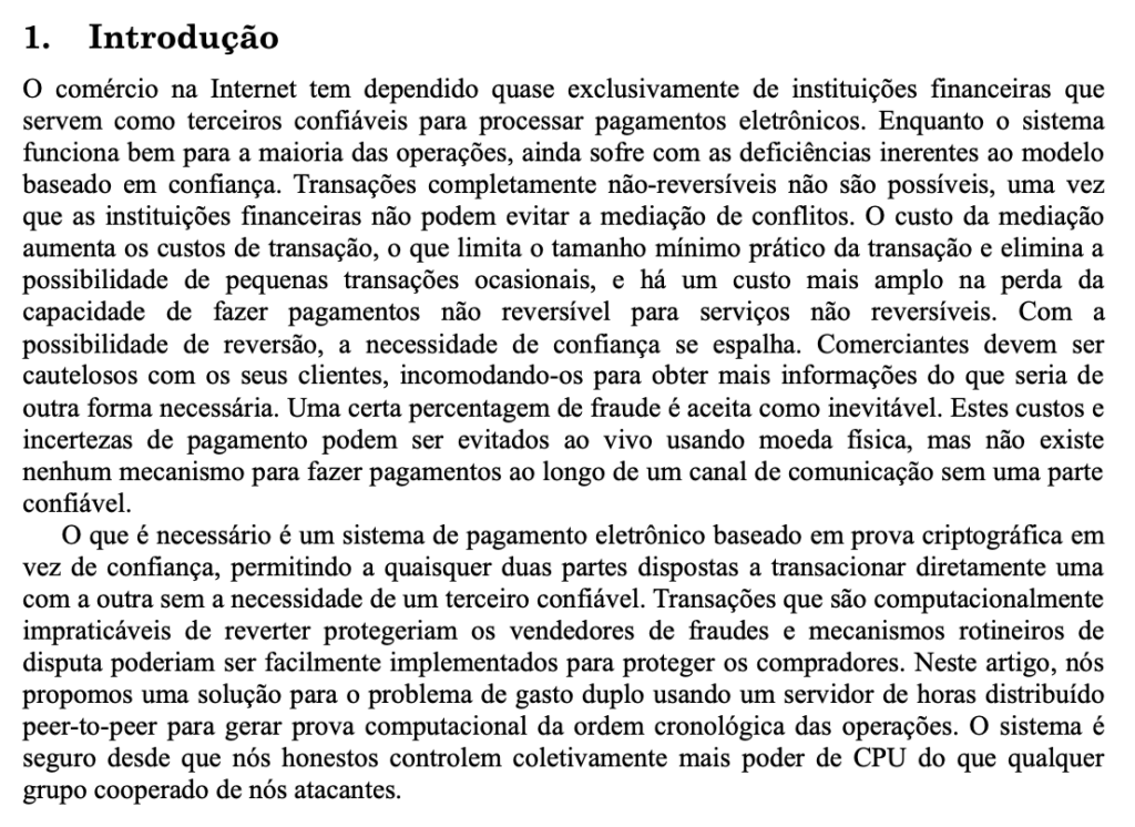 seção de introdução do whitepaper do Bitcoin