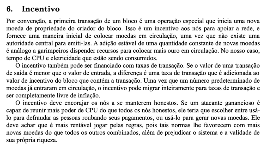 seção de incentivos do whitepaper do Bitcoin com recompensa por bloco e taxas