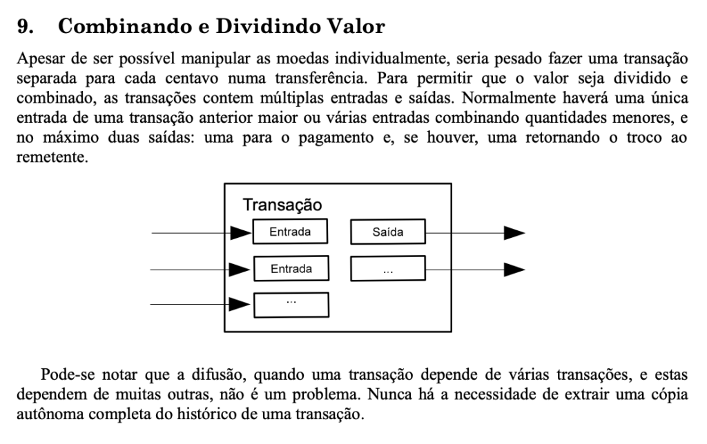 seção combinando e dividindo valor no whitepaper do Bitcoin com modelo UTXO